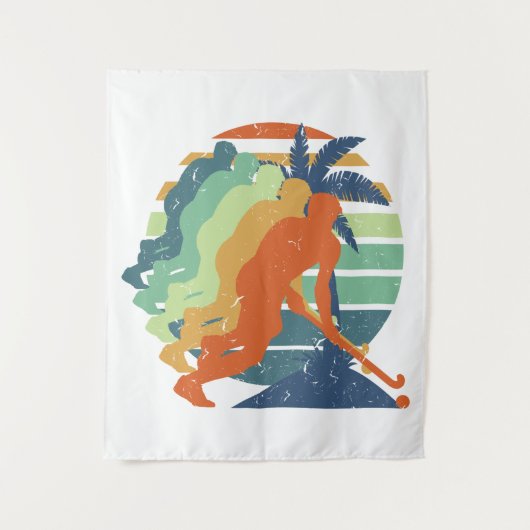 レトロフィールドホッケーゲーム選手、フィールドホッケースポーツ タペストリー (正面)