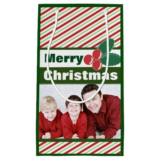 レトロフェスティバルストライプとホリーカスタム写真 スモールペーパーバッグ (正面)