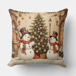 レトロフェスティバルスノーマンとクリスマスツリー クッション