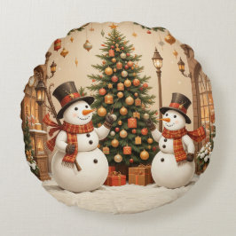 レトロフェスティバルスノーマンとクリスマスツリー ラウンドクッション