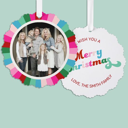 レトロフェスティバルブライトストライプクリスマスフォト オーナメントカード