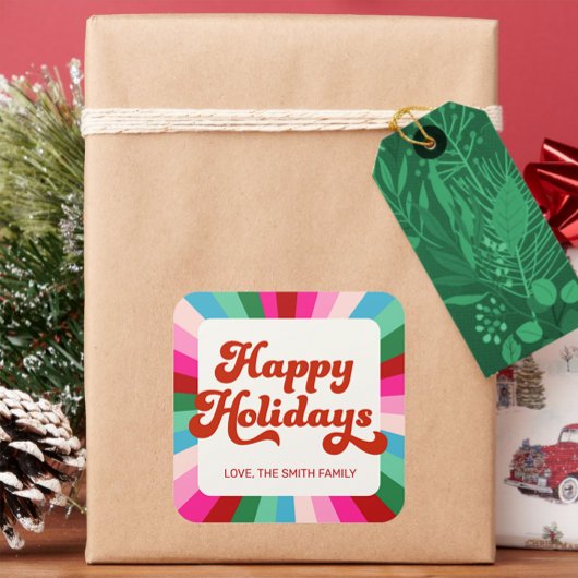 レトロフェスティバルレインボーピンククリスマスギフトラベル スクエアシール