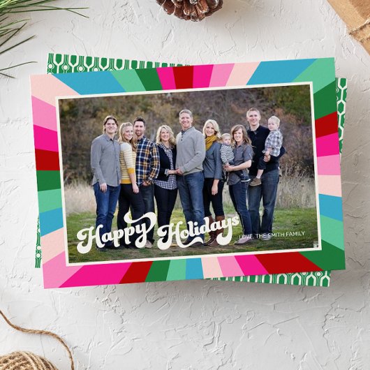 レトロフェスティバルレインボーピンククリスマスフォトホリデー シーズンカード