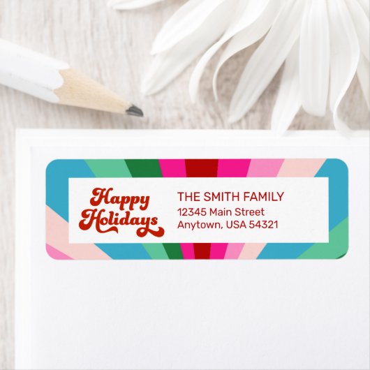 レトロフェスティバルレインボーピンククリスマスホリデー ラベル (インサイチュ)