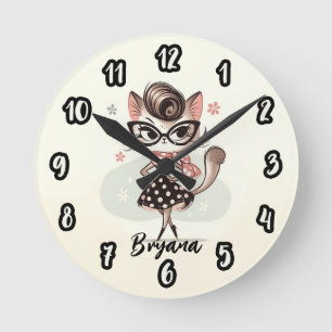 レトロフェミニンヴィンテージ猫メガネ ラウンド壁時計