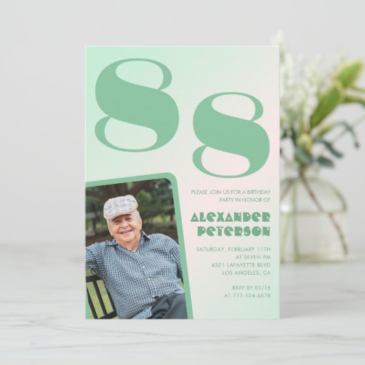 レトロフォトグリーングラディエントマン88歳の誕生日 招待状 (スタンド正面)