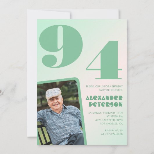 レトロフォトグリーングラディエントマン94歳の誕生日 招待状 (正面)