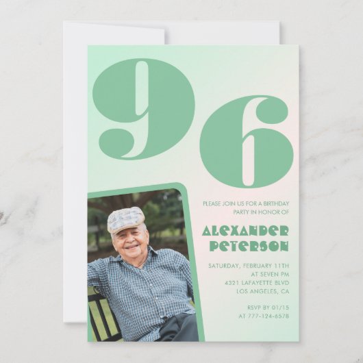 レトロフォトグリーングラディエントマン96歳の誕生日 招待状 (正面)