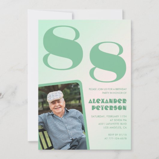 レトロフォトグリーン グラデーション 男性 88歳 誕生日 招待状 (正面)