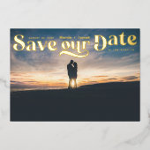 レトロフォトサンセット日付の保存 箔招待状 (正面)