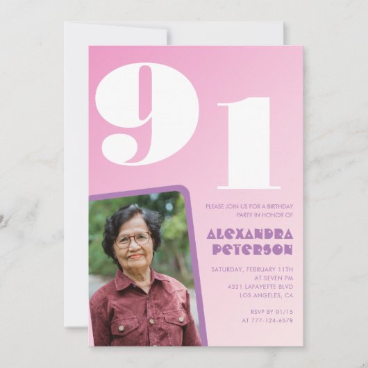 レトロフォトピンク91歳の誕生日 招待状 (正面)