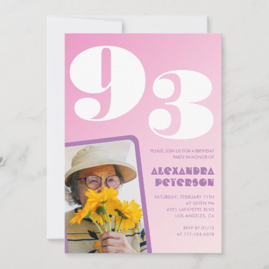 レトロフォトピンク93歳の誕生日 招待状 (正面)