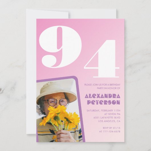 レトロフォトピンク94歳の誕生日 招待状 (正面)