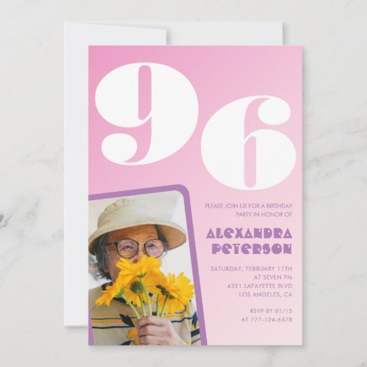 レトロフォトピンク96歳の誕生日 招待状 (正面)