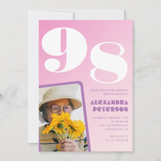レトロフォトピンク98歳の誕生日 招待状 (正面)