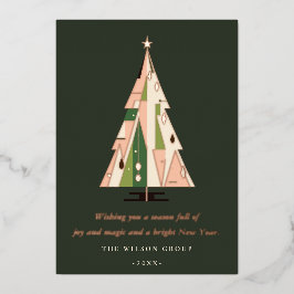 レトロフォレストグリーンクリスマスツリーのビジネスロゴ 箔シーズンカード