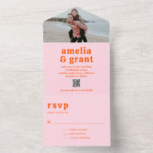 レトロフォントオレンジとピンクのQRコードフォト結婚ズ オールインワン招待状 (内側)