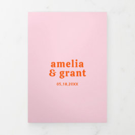 レトロフォントオレンジとピンクのQRコードフォト結婚ズ 三つ折り招待状