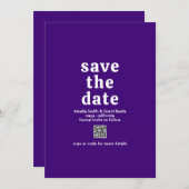 レトロフォントパープルQRコーモダンド結婚 セーブザデート (正面/裏面)