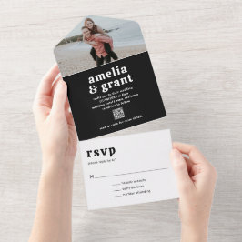 レトロフォントブラックQRコードフォトモダン結婚ズ オールインワン招待状