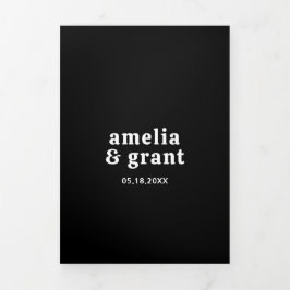 レトロフォントブラックQRコードフォトモダン結婚ズ 三つ折り招待状