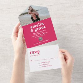 レトロフォントホットピンクQRコードフォトモダン結婚ズ オールインワン招待状