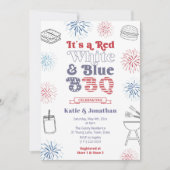 レトロフォントレッドホワイトとブルーBBQカップルのシャワー 招待状 (正面)
