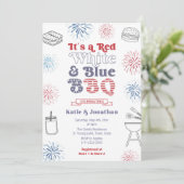 レトロフォントレッドホワイトとブルーBBQカップルのシャワー 招待状 (スタンド正面)