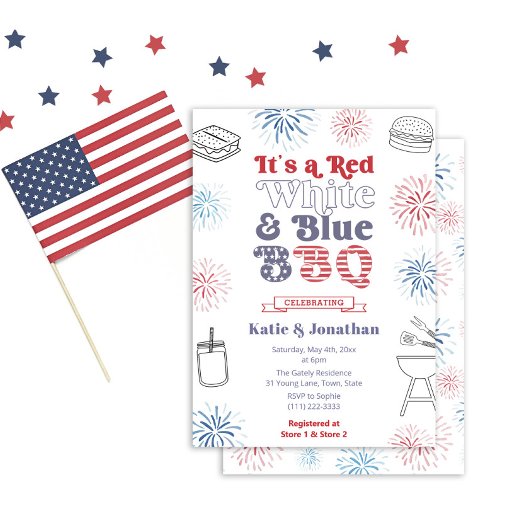 レトロフォントレッドホワイトとブルーBBQカップルのシャワー 招待状