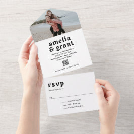 レトロフォント白黒QRコードフォト結婚ズ オールインワン招待状