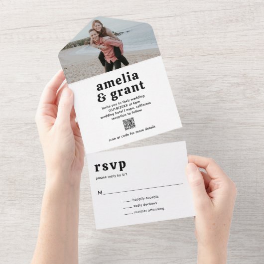 レトロフォント白黒QRコードフォト結婚ズ オールインワン招待状 (貼ってはがせる)