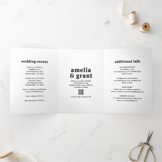 レトロフォント白黒QRコードフォト結婚ズ 三つ折り招待状 (内部)