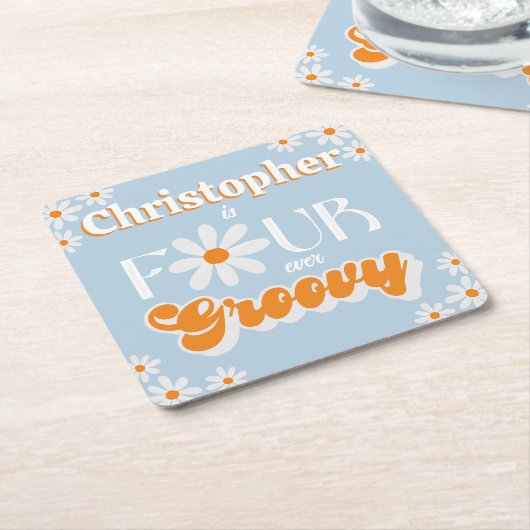 レトロフォーエバーグルービーボーイズ4歳の誕生日 スクエアペーパーコースター (アングル)