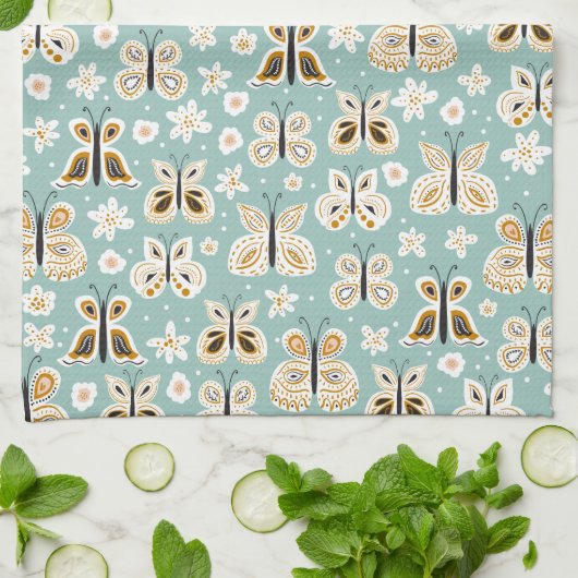 レトロフォークアートバタフライ キッチンタオル (折り畳み)