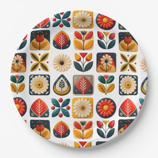 レトロフォークフローラモザイクパーティーチャーム ペーパープレート (正面)