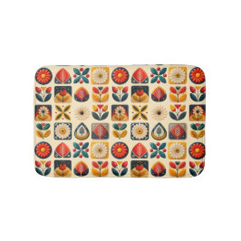 レトロフォーク花の暖色模様 バスマット