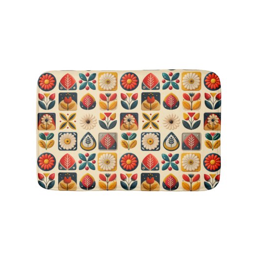 レトロフォーク花の暖色模様 バスマット (正面)