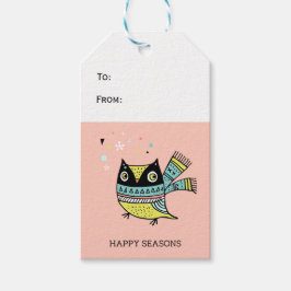 レトロフクロウ大きなスカーフのハッピーシーズン ギフトタグ