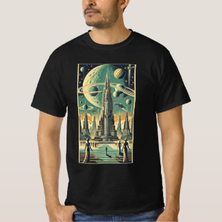 レトロフューチャリスティック エイリアンシティ ポストカードアート Tシャツ