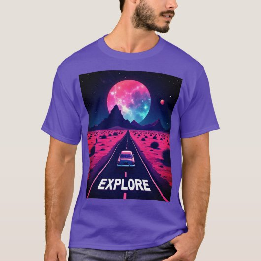 レトロフューチャリスティック・シンスウェーブ "EXPLORE" 砂漠の夜 Tシャツ (正面)