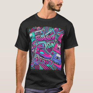 レトロフラッシュバックおもしろいローラースケートとカセットアート Tシャツ