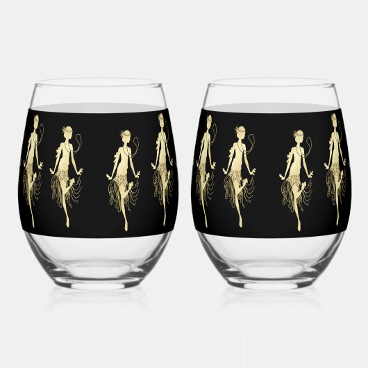 レトロフラッパーブラックバックグラウンド ステムなしワイングラス (右)