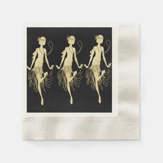 レトロフラッパーブラックバックグラウンド 縁ありカクテルナプキン (正面)