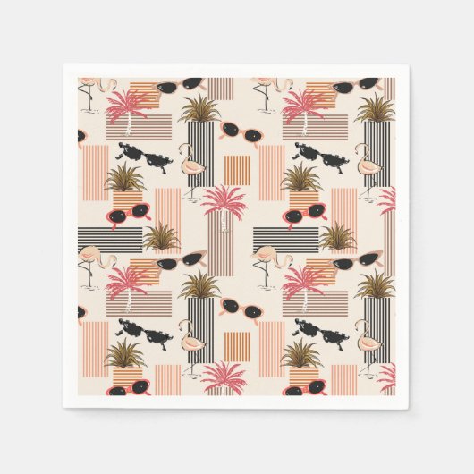 レトロフラミンゴスパームズアンドサングラスサマーパーティー スタンダードカクテルナプキン (正面)