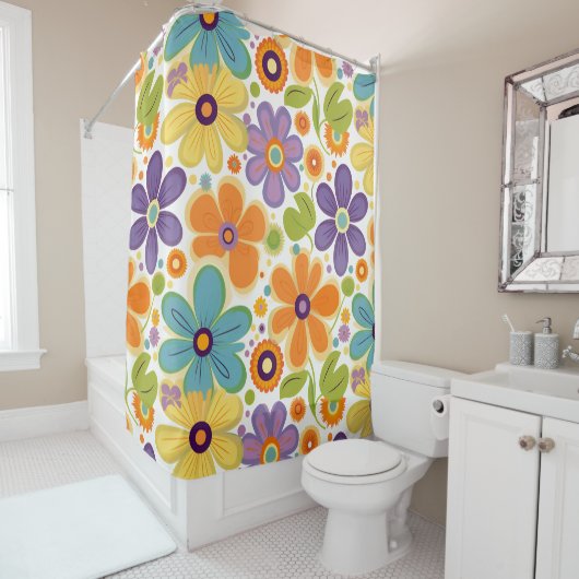 レトロフラワーオレンジ薄紫と緑 シャワーカーテン (インサイチュ)