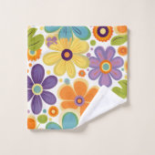 レトロフラワーオレンジ薄紫と緑 バスタオルセット (ウォッシュタオル)