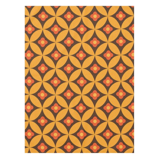 レトロフラワーオンミッドセンチュリーオレンジサークル テーブルクロス (正面)