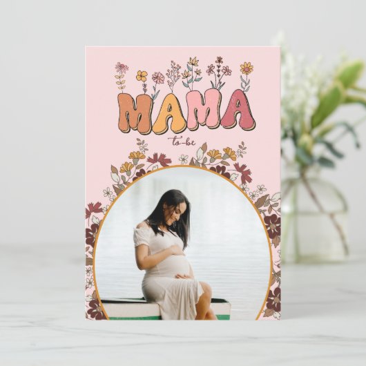 レトロフラワーカラフルママ写真ベビーシャワーへ 招待状 (スタンド正面)