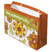 レトロフラワーグリーンオレンジハッピーマザーズデイ ラージペーパーバッグ (裏面アングル)