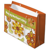 レトロフラワーグリーンオレンジハッピーマザーズデイ ラージペーパーバッグ (正面アングル)